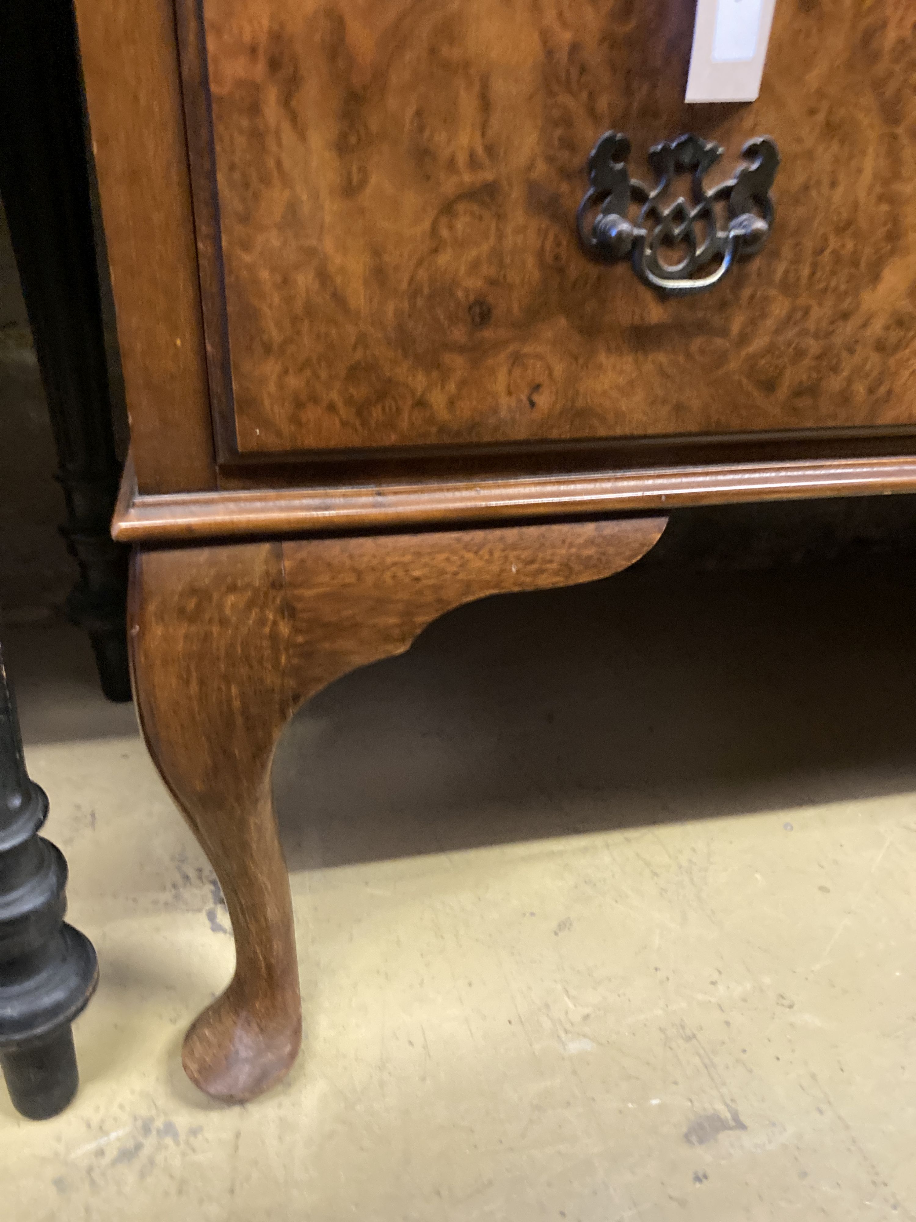 A Queen Anne style burr walnut bureau, width 76cm, depth 46cm, height 100cm